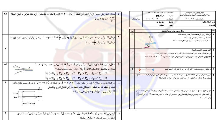 فیزیک یازدهم ریاضی-نمونه سوال-مستمر آذر- خالدی نیا