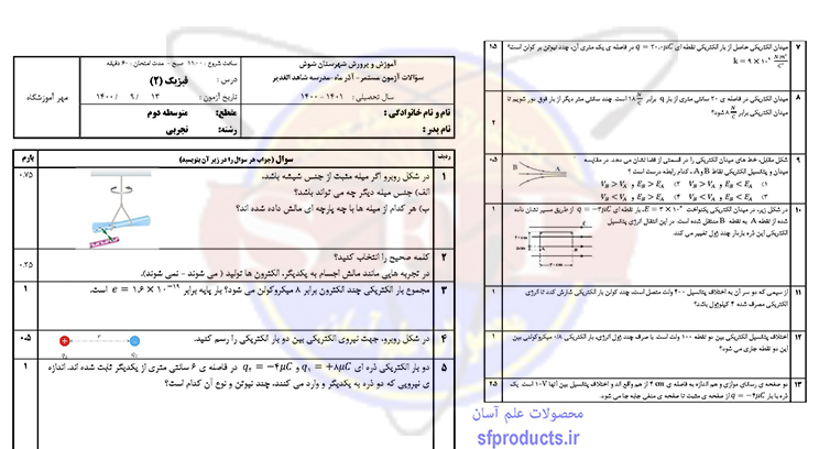 فیزیک یازدهم تجربی-نمونه سوال-مستمر آذرماه - خالدی نیا
